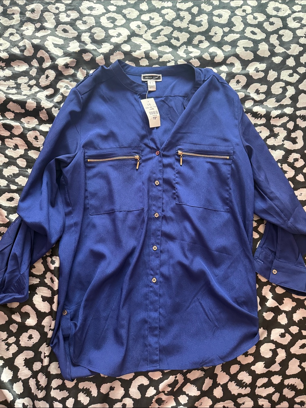 Express Women's Royal Blue Button-Front Blouse with Zip Pockets